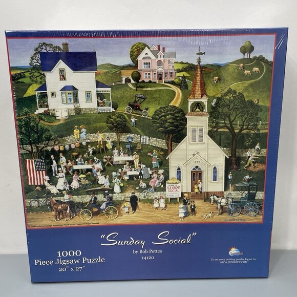 Sunday Social Bob Pettes Sunsout Ice cream Church Jigsaw Puzzle 1000 Piece 20x27 - Picture 1 of 4